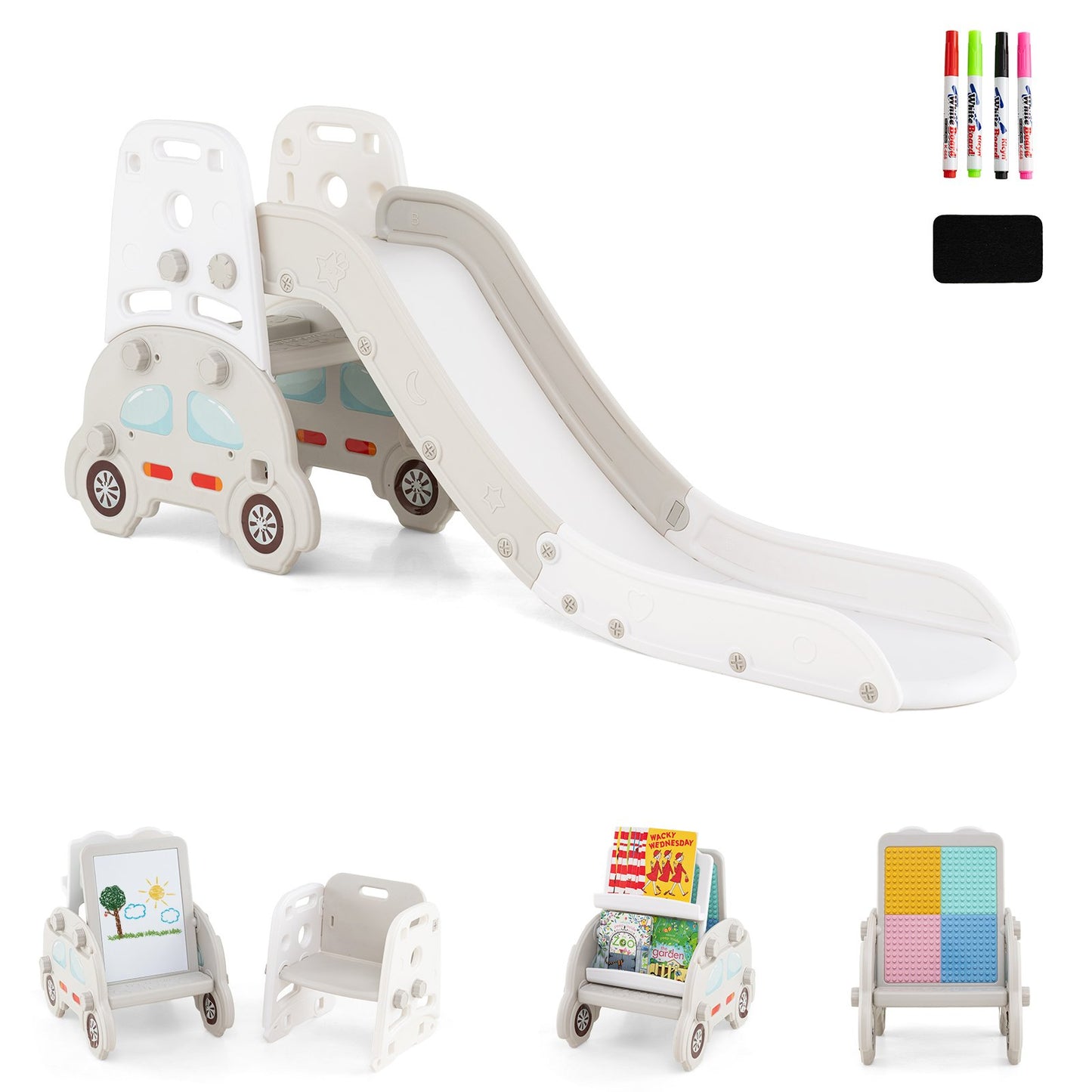 5 in 1 Convertible Toddler Slide Set Kids Art Easel with Stool and Book Rack, Gray Climbers & Slides Gray at Gallery Canada