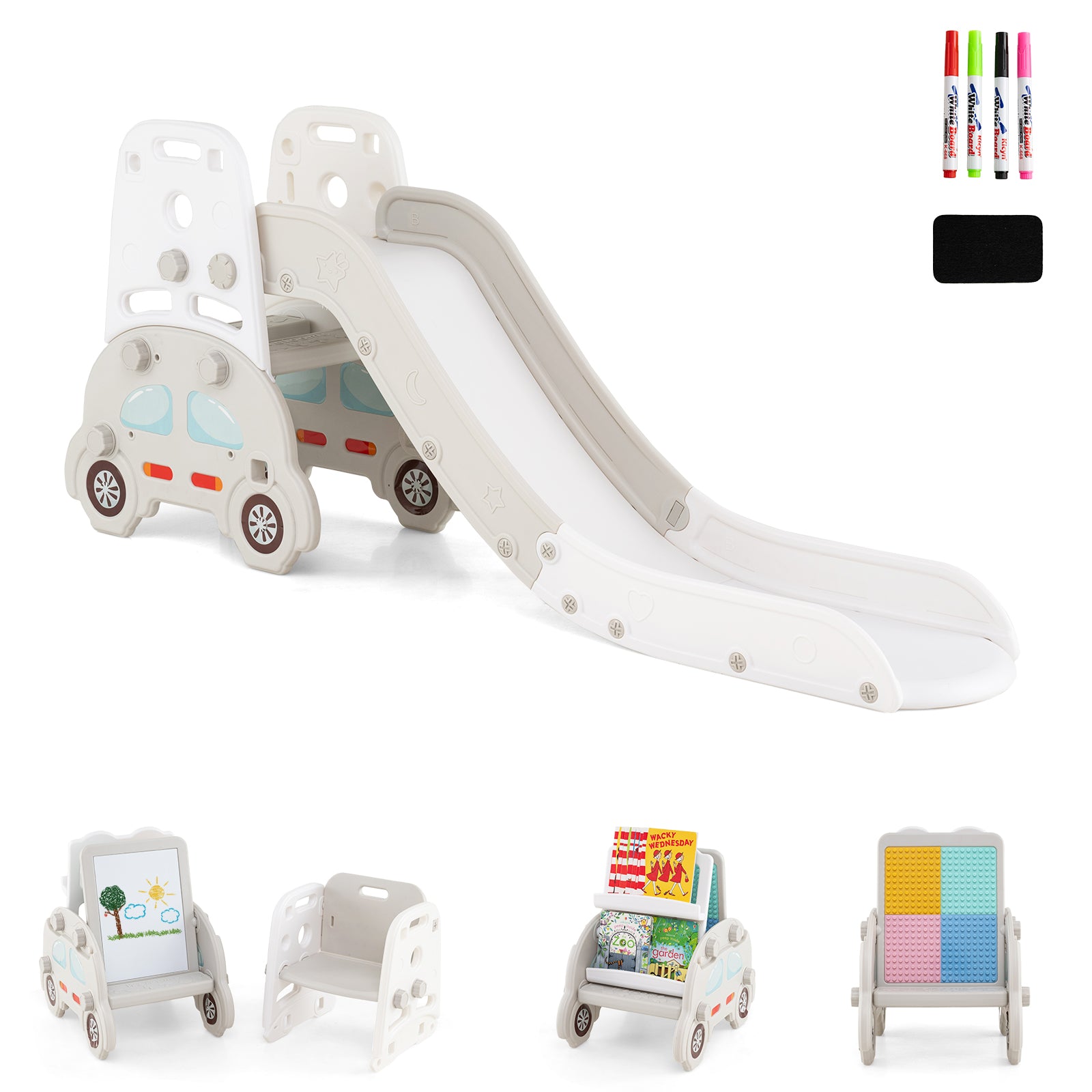 Convertible Toddler Slide Set, Kids Art Easel With Stool And Book Rack, Gray Climbers & Slides Gray at Gallery Canada