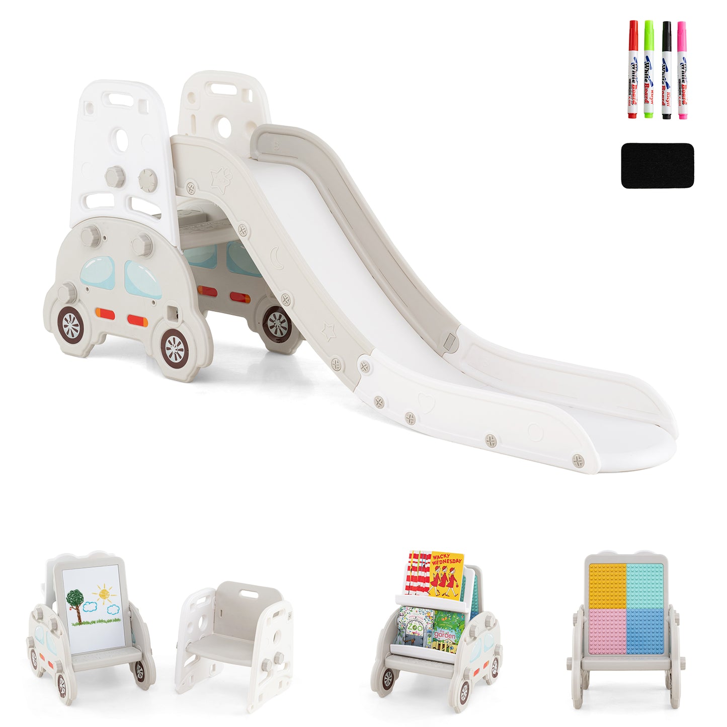 Convertible Toddler Slide Set, Kids Art Easel With Stool And Book Rack, Gray Climbers & Slides Gray at Gallery Canada