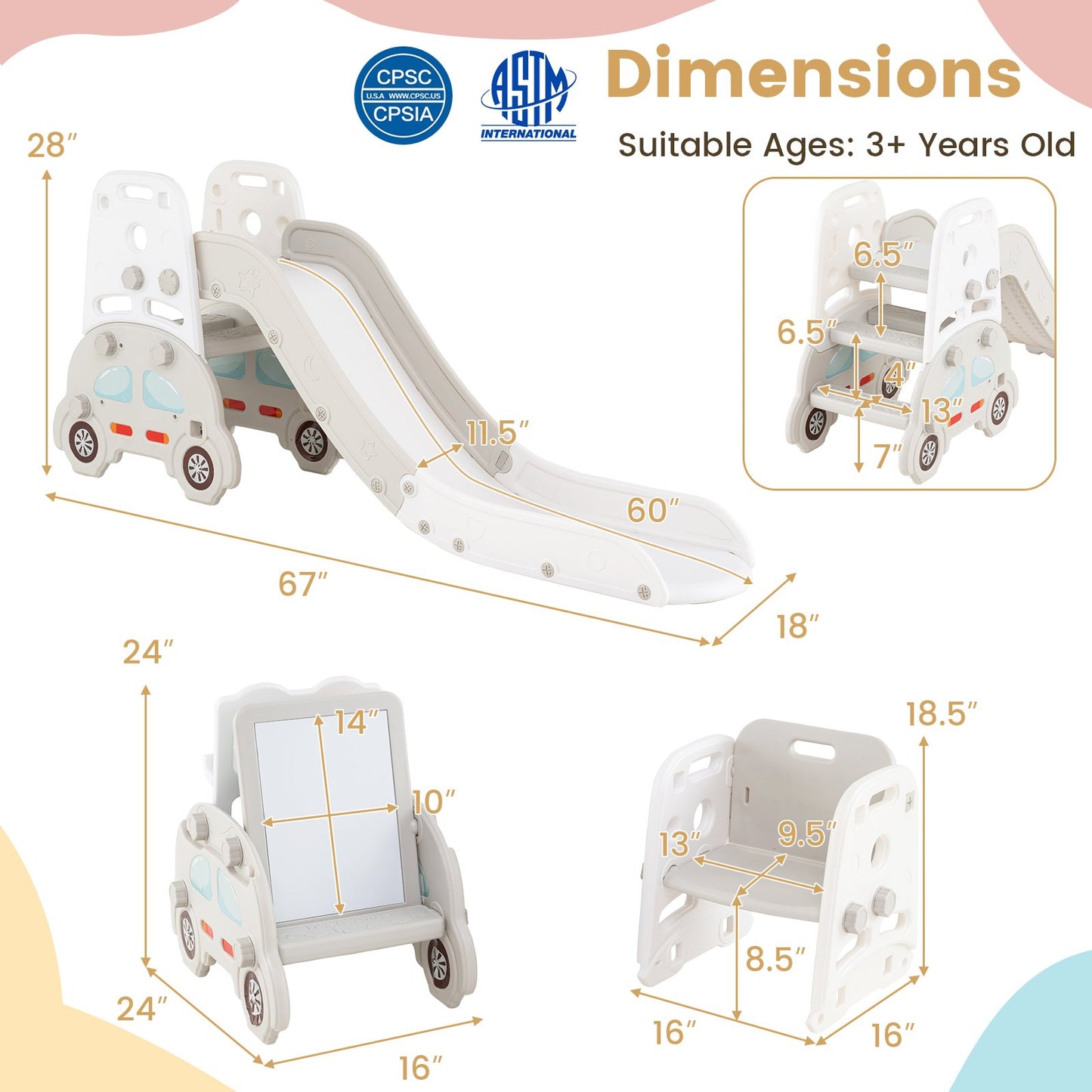 5 in 1 Convertible Toddler Slide Set Kids Art Easel with Stool and Book Rack, Gray Climbers & Slides at Gallery Canada