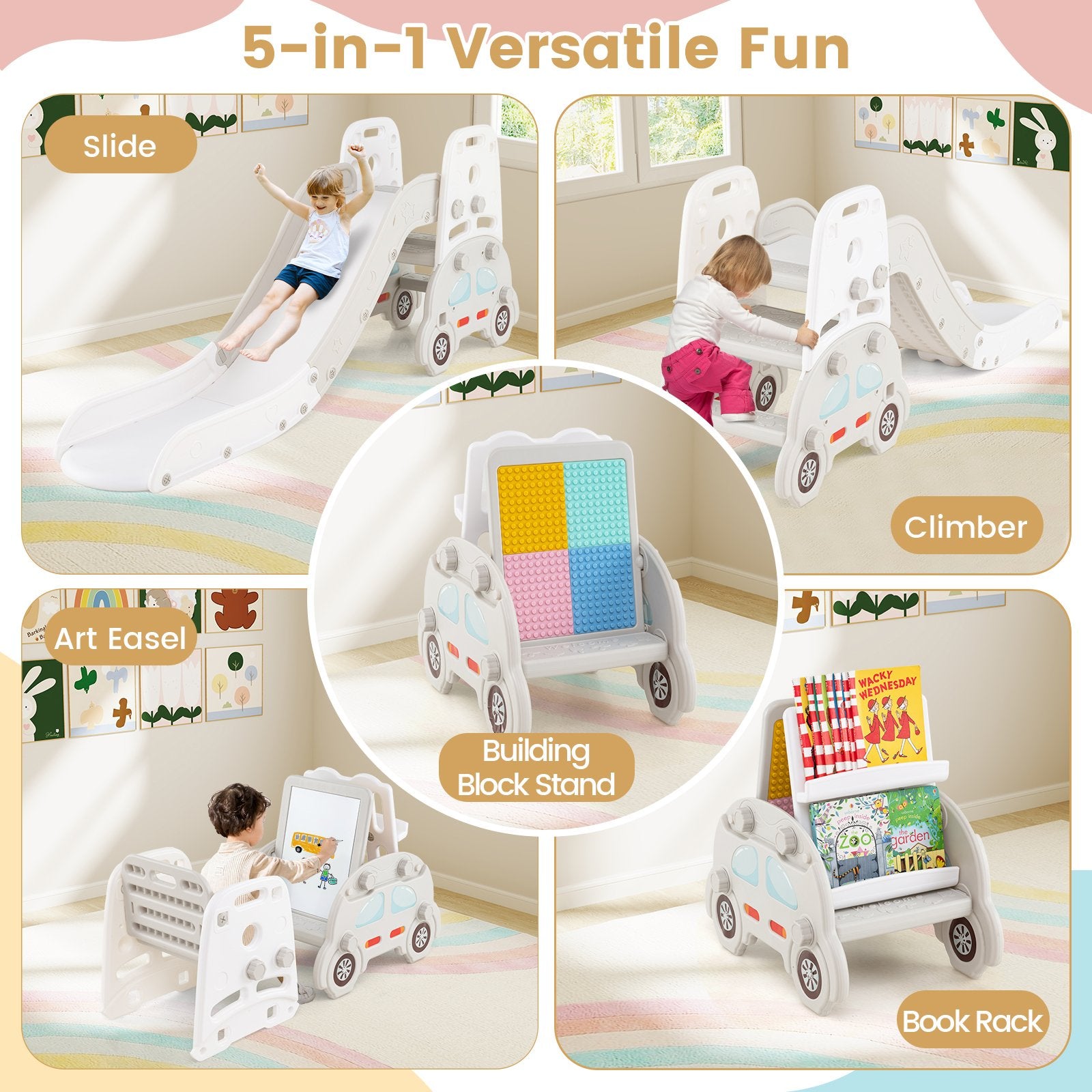 5 in 1 Convertible Toddler Slide Set Kids Art Easel with Stool and Book Rack, Gray Climbers & Slides at Gallery Canada
