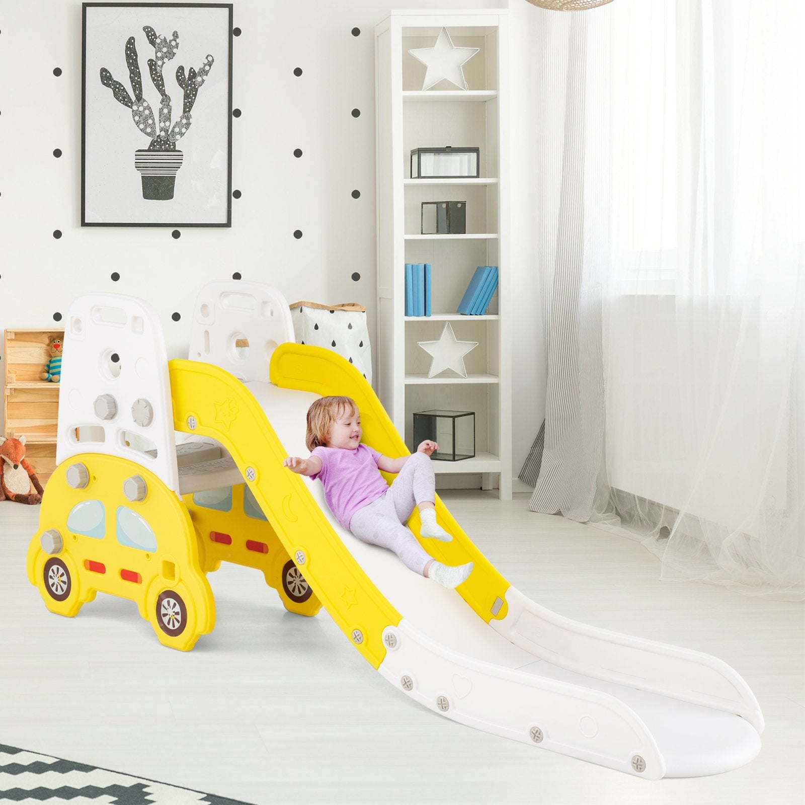 5 in 1 Convertible Toddler Slide Set Kids Art Easel with Stool and Book Rack, Yellow Climbers & Slides at Gallery Canada