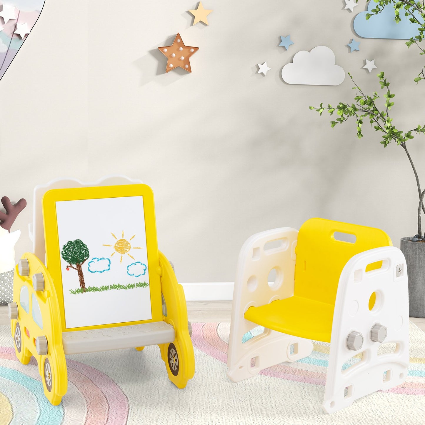 5 in 1 Convertible Toddler Slide Set Kids Art Easel with Stool and Book Rack, Yellow Climbers & Slides at Gallery Canada