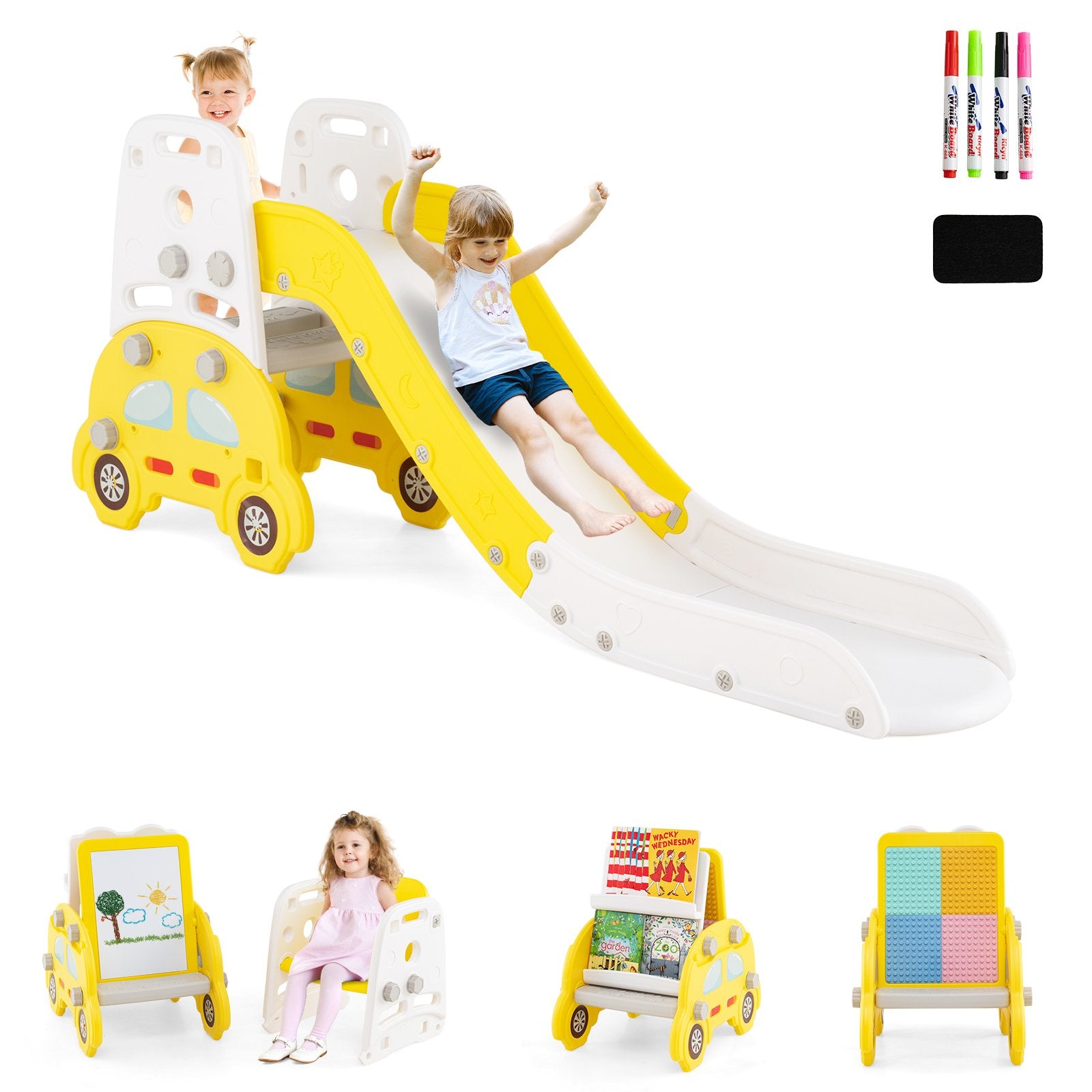 5 in 1 Convertible Toddler Slide Set Kids Art Easel with Stool and Book Rack, Yellow Climbers & Slides at Gallery Canada