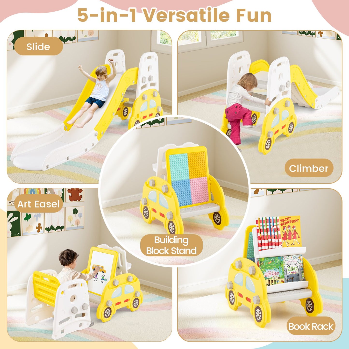 5 in 1 Convertible Toddler Slide Set Kids Art Easel with Stool and Book Rack, Yellow Climbers & Slides at Gallery Canada