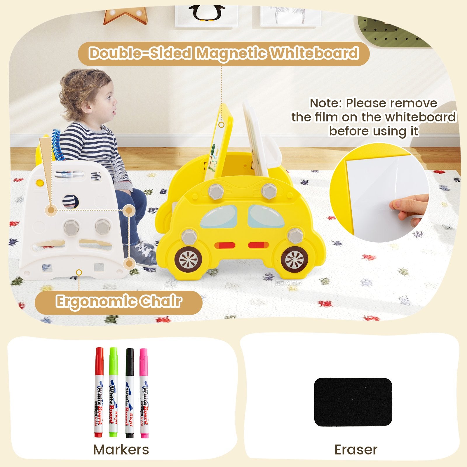 5 in 1 Convertible Toddler Slide Set Kids Art Easel with Stool and Book Rack, Yellow Climbers & Slides at Gallery Canada