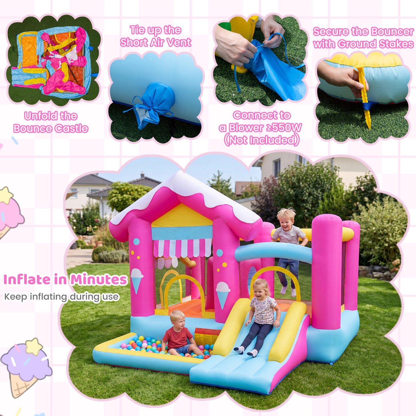 5-in-1 Inflatable Bounce House with Tunnel, Multicolor