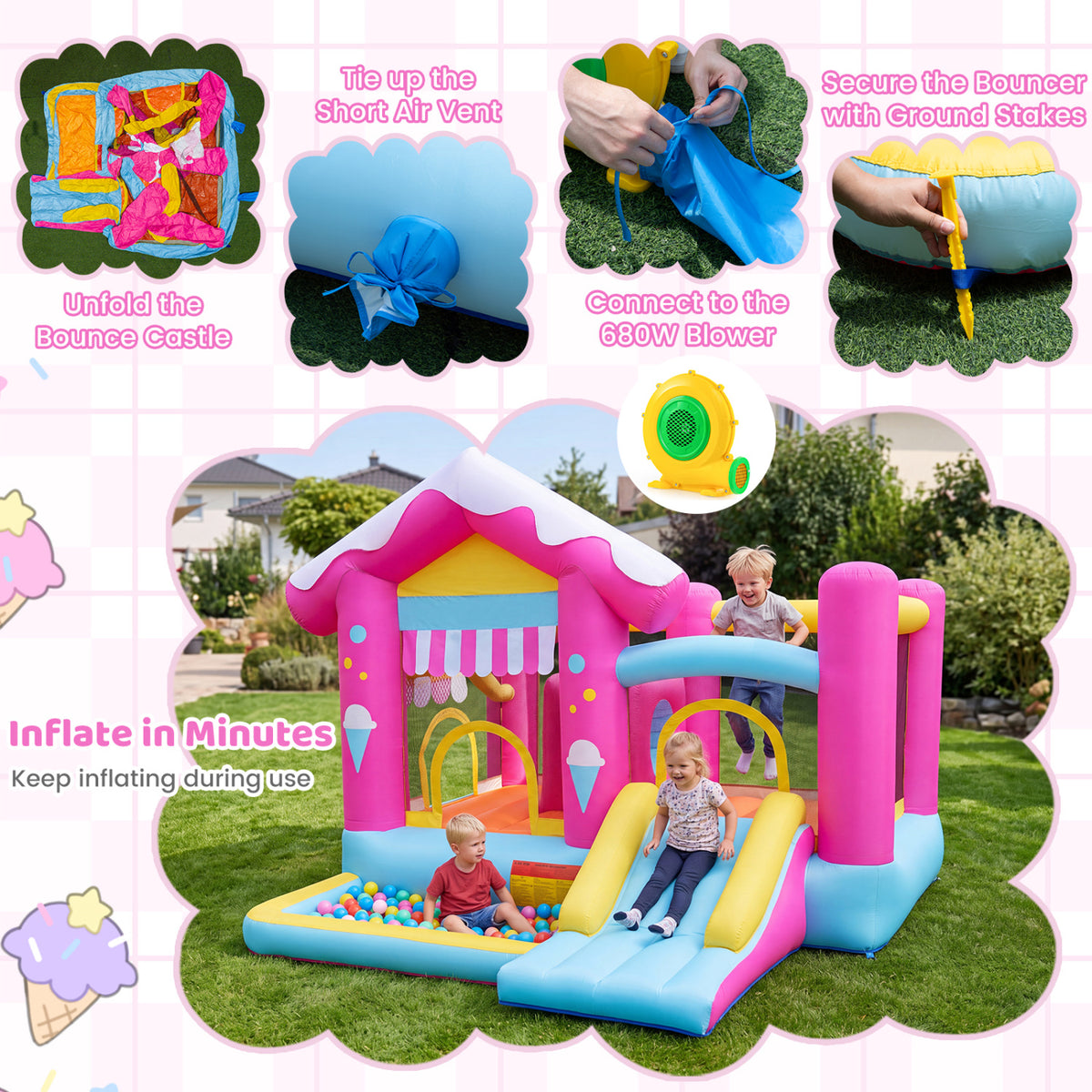 Structure gonflable 5-en-1 avec tunnel, souffleur 680W, enfants 3-12 ans