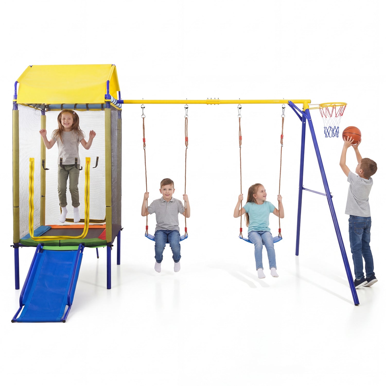 5-in-1 Kids Swing Set, Heavy-Duty Metal Stand, Yellow Swing & Playsets Yellow at Gallery Canada