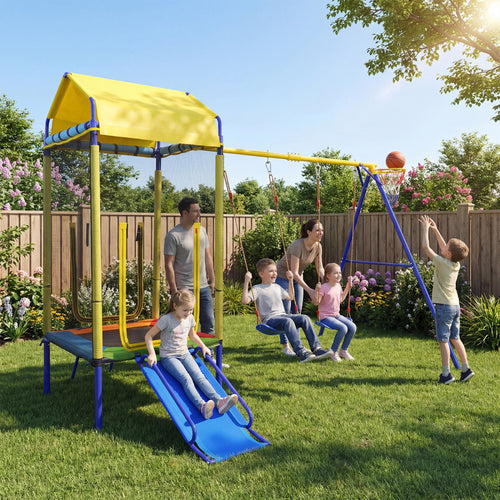 5-in-1 Kids Swing Set, Heavy-Duty Metal Stand, Yellow
