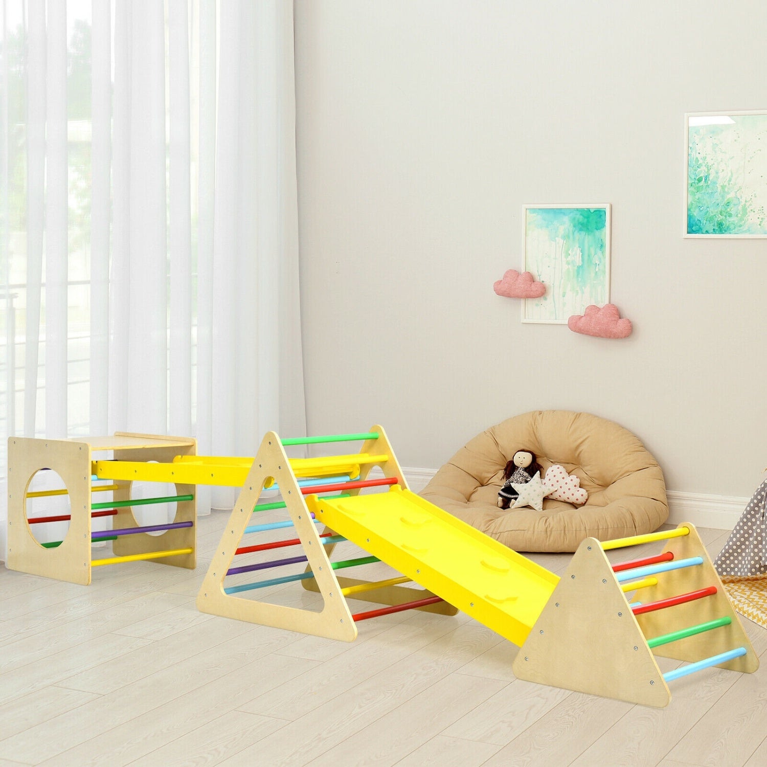 Kids Triangle Climber Play Gym Set, 2 Ramps, Natural Climbers & Slides at Gallery Canada