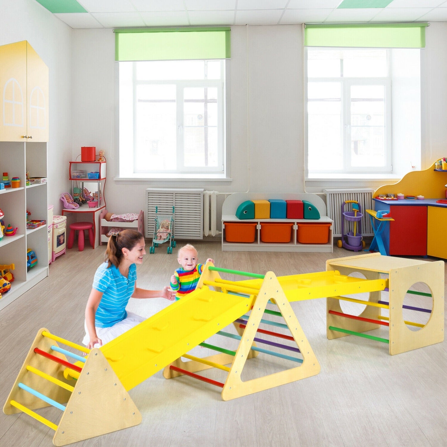 Kids Triangle Climber Play Gym Set, 2 Ramps, Natural Climbers & Slides at Gallery Canada
