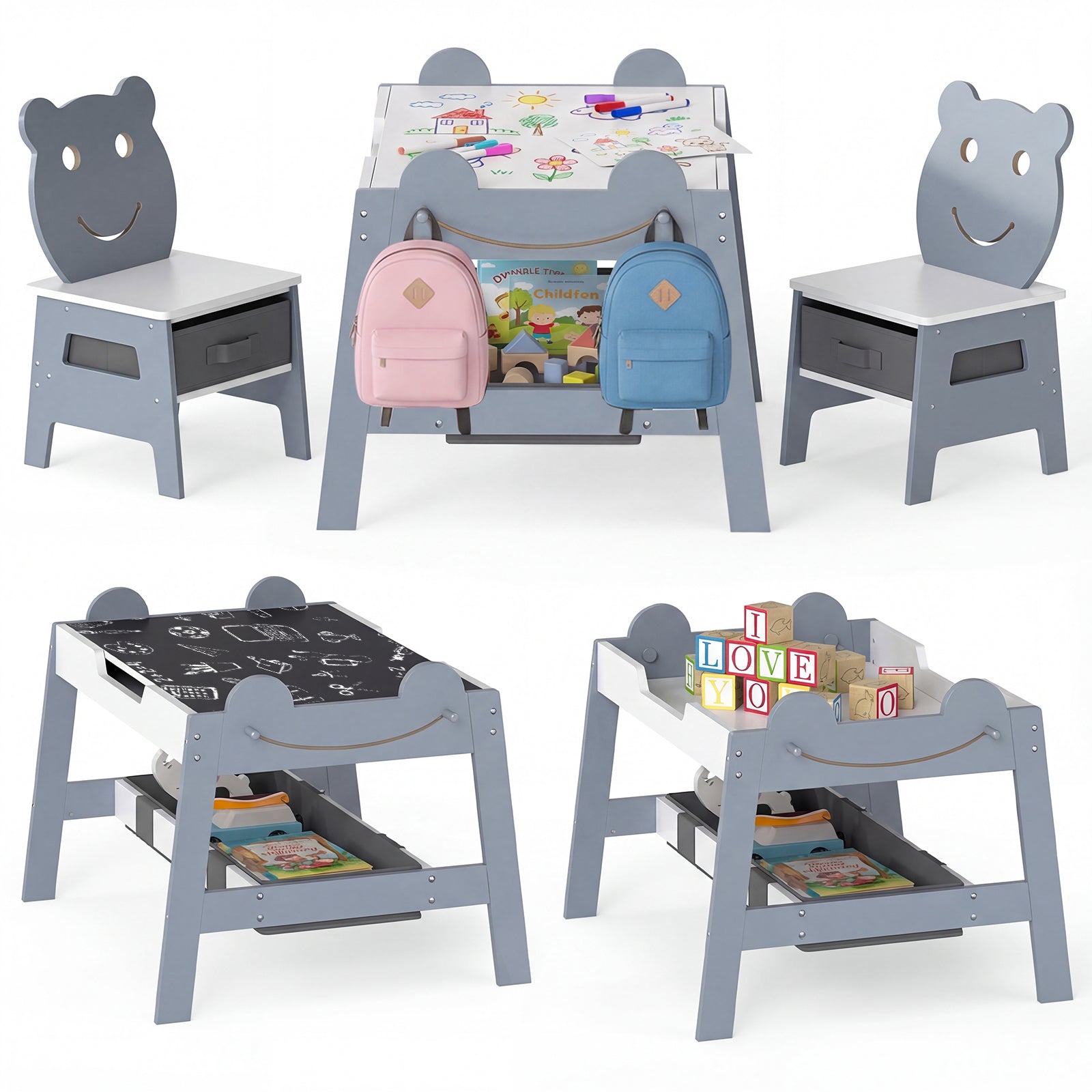 5-in-1 Toddler Table and 2 Chairs Cute Art Desk Set with Reversible Chalkboard Whiteboard-Grey, Gray Kids Table & Chair Sets at Gallery Canada