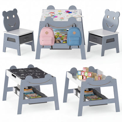 5-in-1 Toddler Table and 2 Chairs Cute Art Desk Set with Reversible Chalkboard Whiteboard-Grey, Gray Kids Table & Chair Sets at Gallery Canada