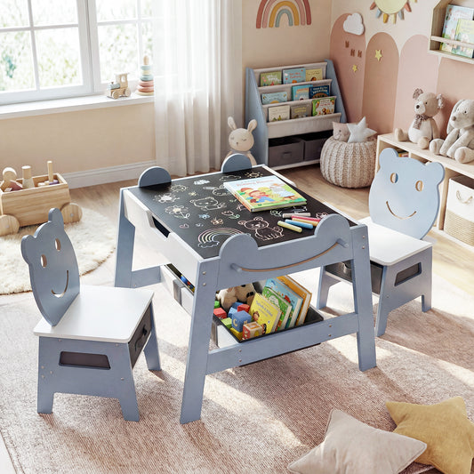 5-in-1 Toddler Table and 2 Chairs Cute Art Desk Set with Reversible Chalkboard Whiteboard-Grey, Gray Kids Table & Chair Sets Gray at Gallery Canada