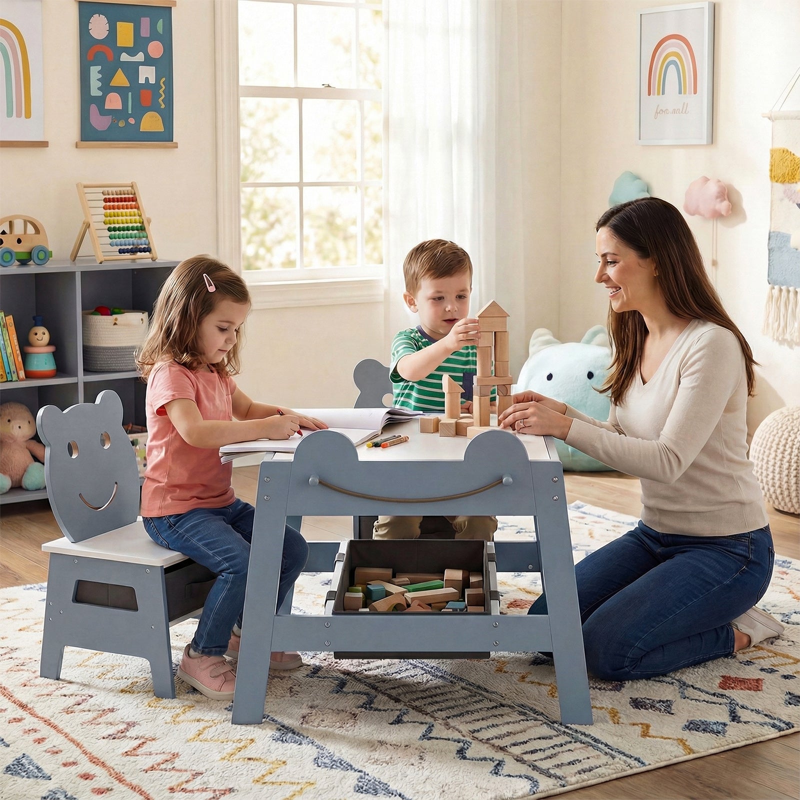 5-in-1 Toddler Table and 2 Chairs Cute Art Desk Set with Reversible Chalkboard Whiteboard-Grey, Gray Kids Table & Chair Sets at Gallery Canada