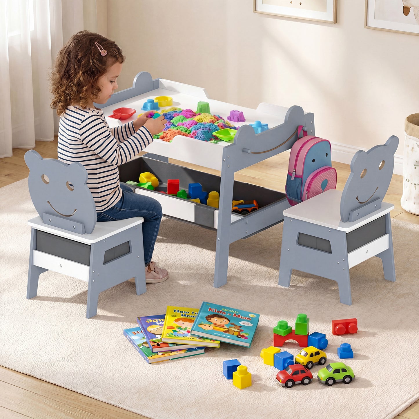 5-in-1 Toddler Table and 2 Chairs Cute Art Desk Set with Reversible Chalkboard Whiteboard-Grey, Gray Kids Table & Chair Sets at Gallery Canada