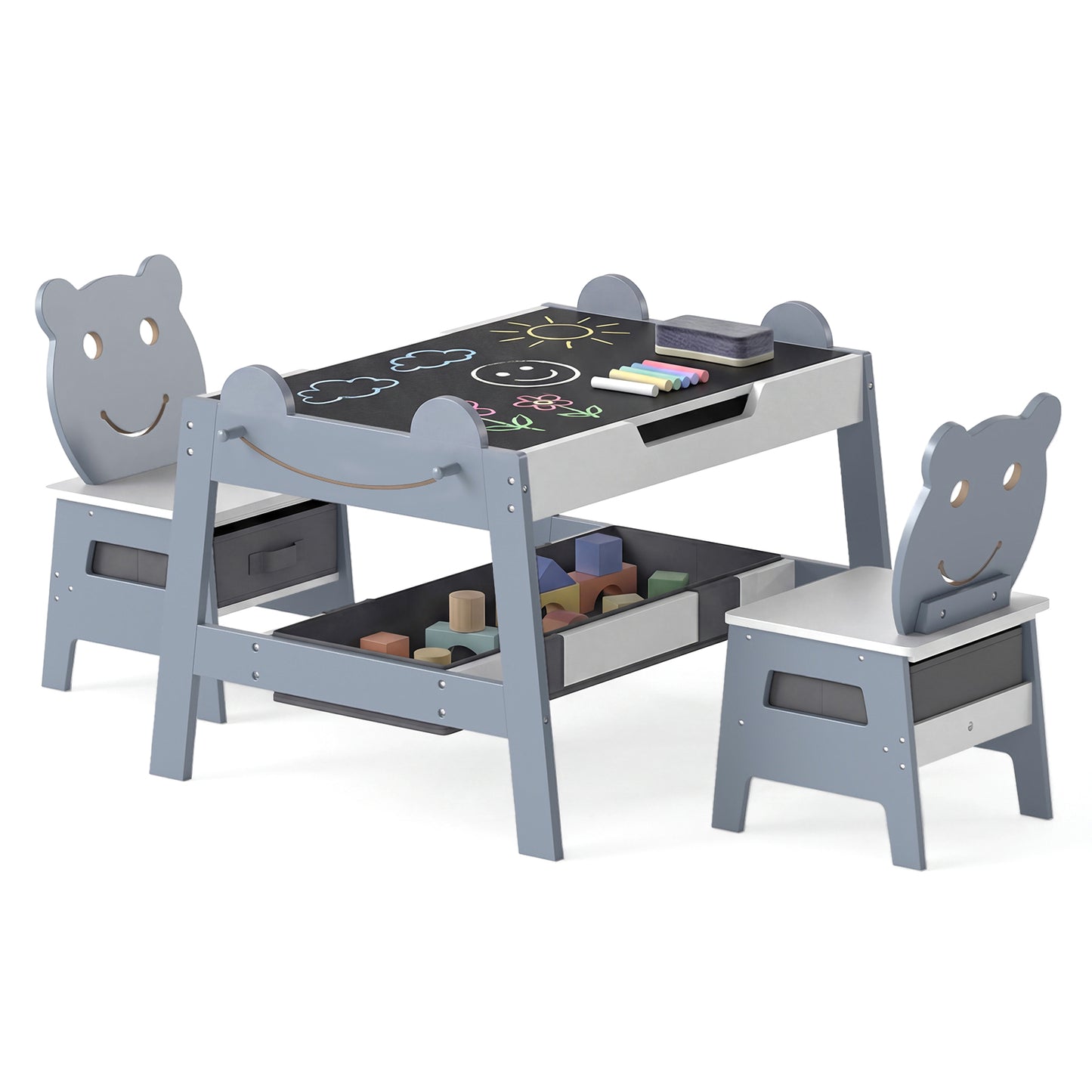 5-in-1 Toddler Table and 2 Chairs Cute Art Desk Set with Reversible Chalkboard Whiteboard-Grey, Gray Kids Table & Chair Sets at Gallery Canada