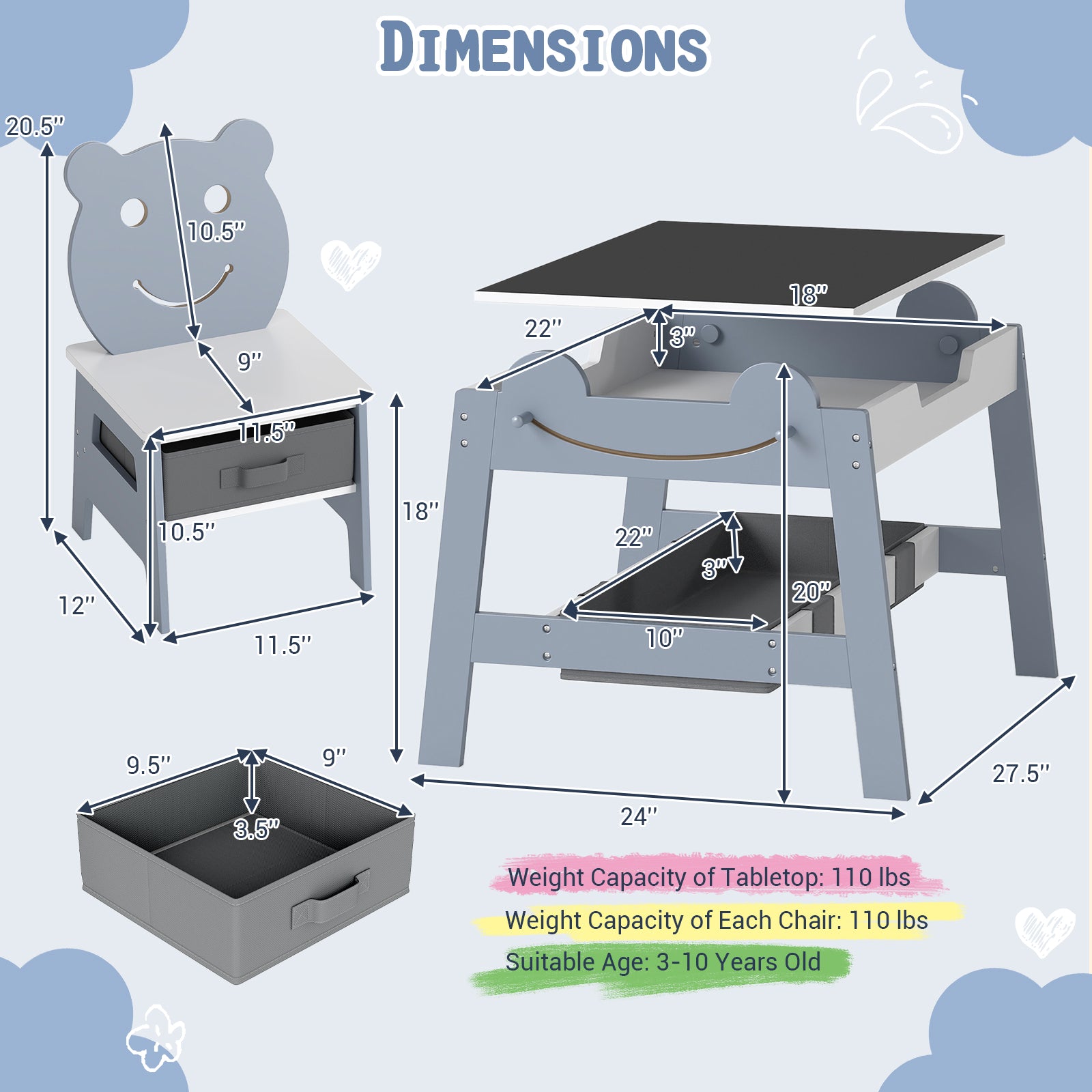 5-in-1 Toddler Table and 2 Chairs Cute Art Desk Set with Reversible Chalkboard Whiteboard-Grey, Gray Kids Table & Chair Sets at Gallery Canada