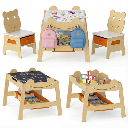 5-in-1 Toddler Table and 2 Chairs Cute Art Desk Set with Reversible Chalkboard Whiteboard, Natural Kids Table & Chair Sets Natural at Gallery Canada