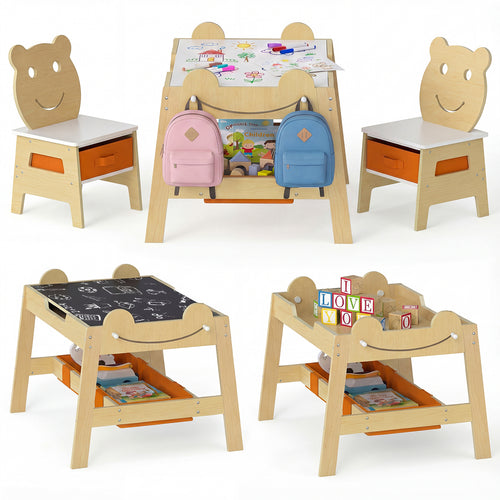 5-in-1 Toddler Table and 2 Chairs Cute Art Desk Set with Reversible Chalkboard Whiteboard, Natural