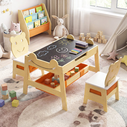 5-in-1 Toddler Table and 2 Chairs Cute Art Desk Set with Reversible Chalkboard Whiteboard, Natural