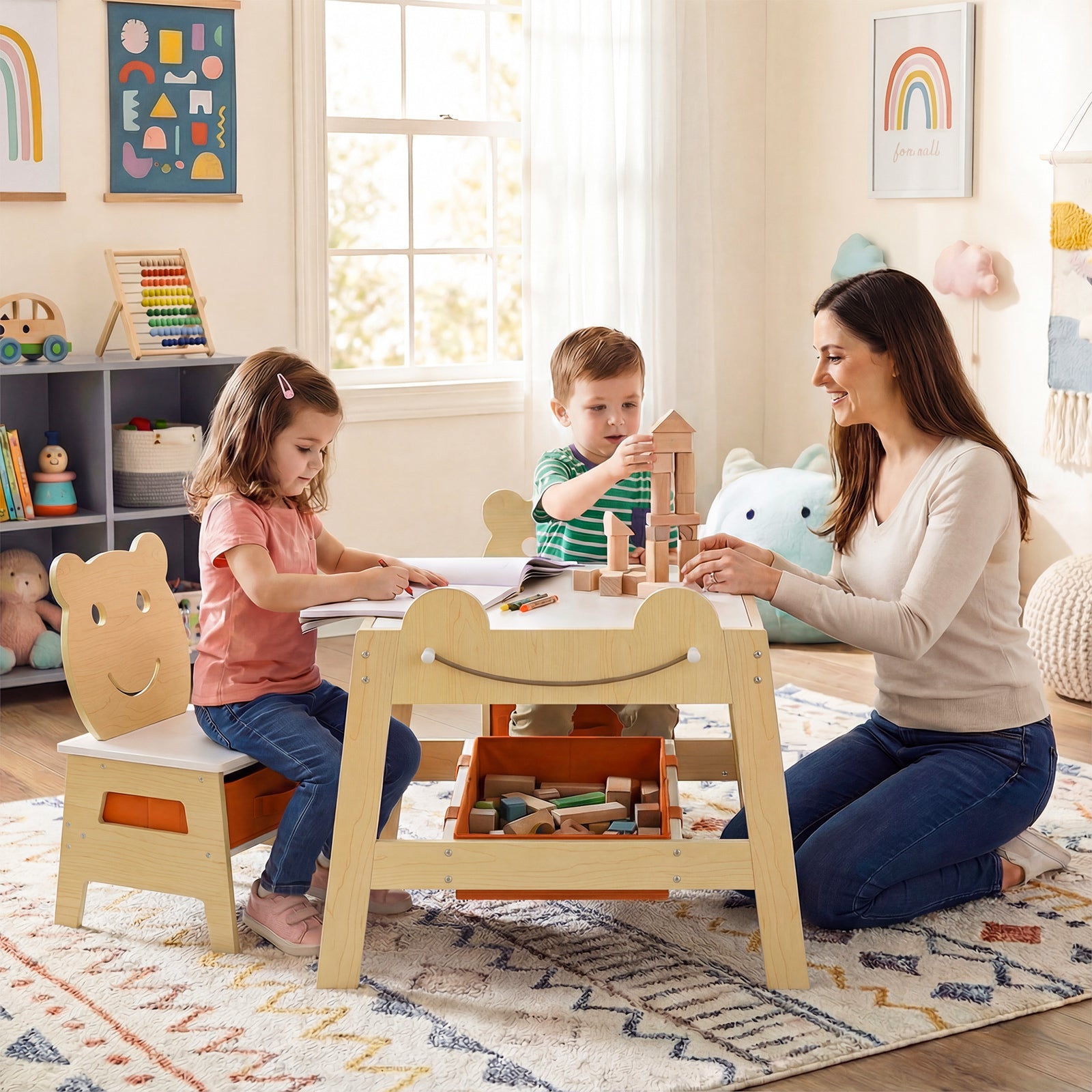 5-in-1 Toddler Table and 2 Chairs Cute Art Desk Set with Reversible Chalkboard Whiteboard, Natural Kids Table & Chair Sets at Gallery Canada