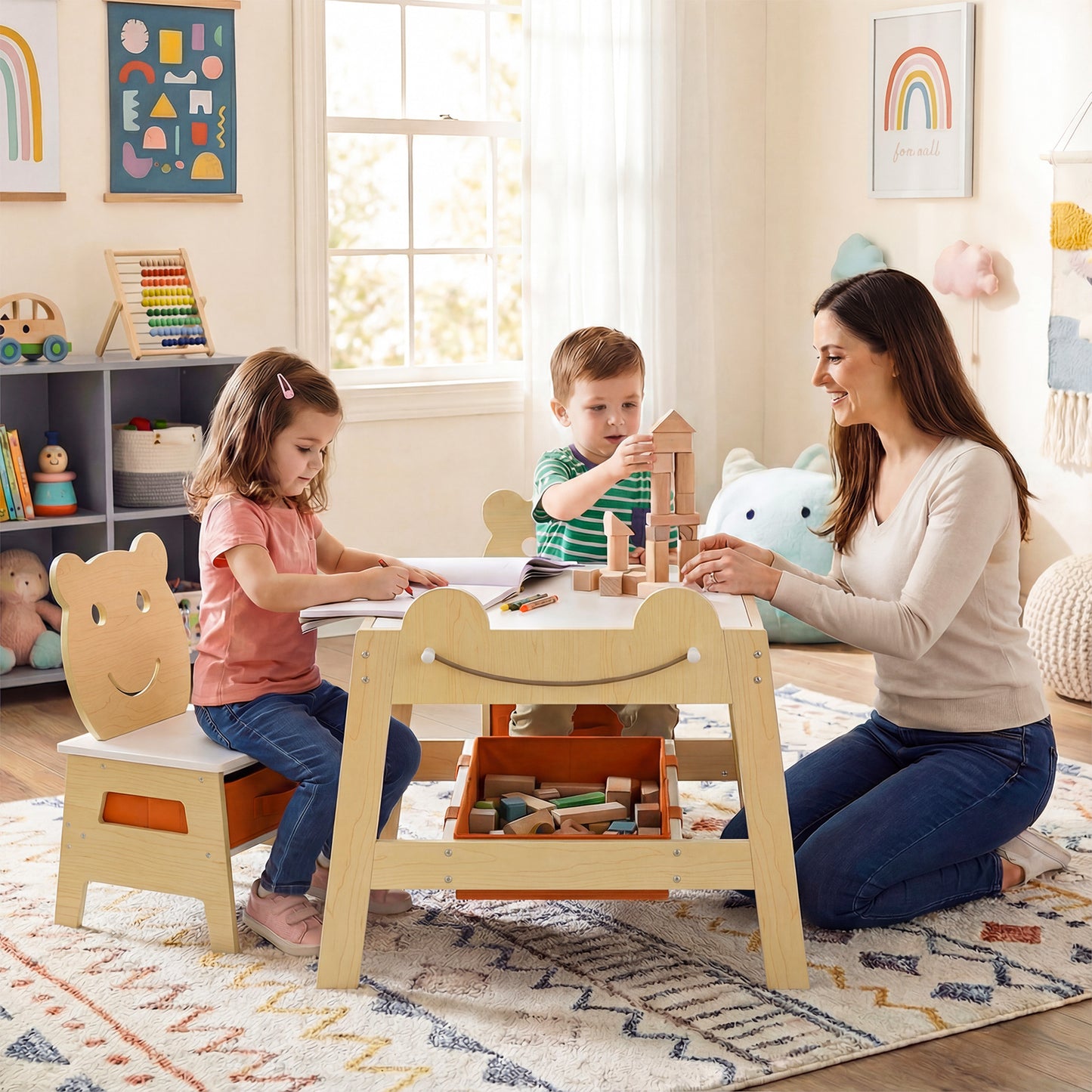 5-in-1 Toddler Table and 2 Chairs Cute Art Desk Set with Reversible Chalkboard Whiteboard, Natural Kids Table & Chair Sets at Gallery Canada