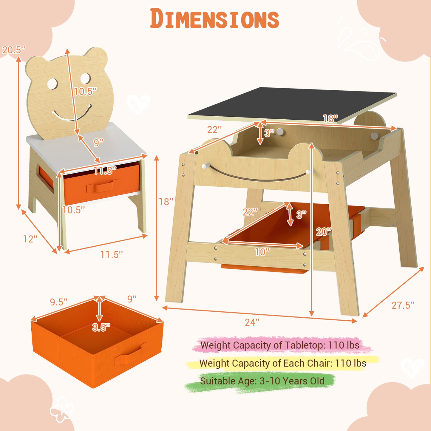 5-in-1 Toddler Table and 2 Chairs Cute Art Desk Set with Reversible Chalkboard Whiteboard, Natural Kids Table & Chair Sets at Gallery Canada