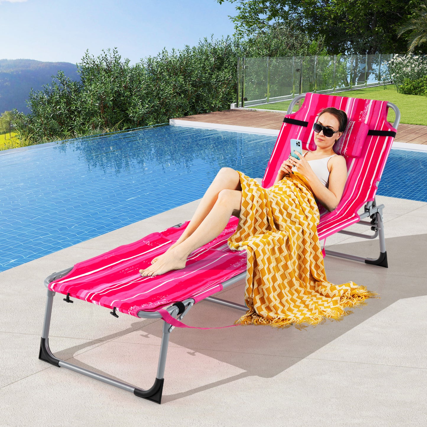 5-Position Outdoor Folding Chaise Lounge Chair, Rose Red