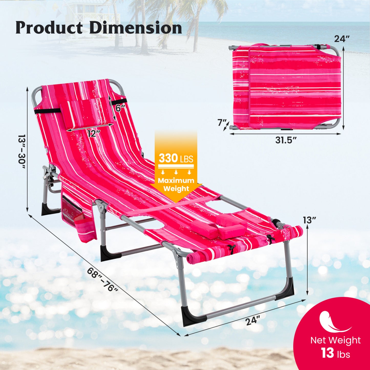 5-Position Outdoor Folding Chaise Lounge Chair, Rose Red