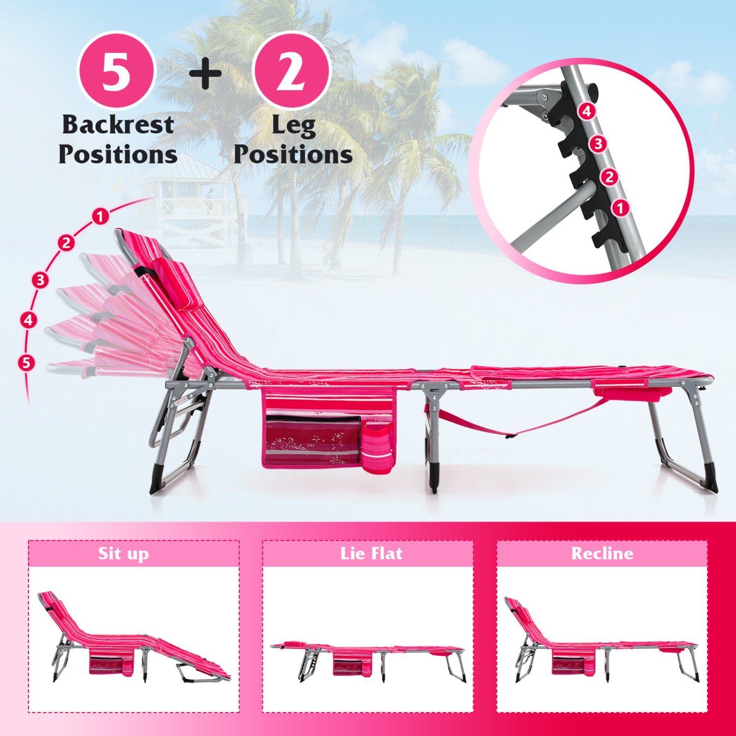 5-Position Outdoor Folding Chaise Lounge Chair, Rose Red