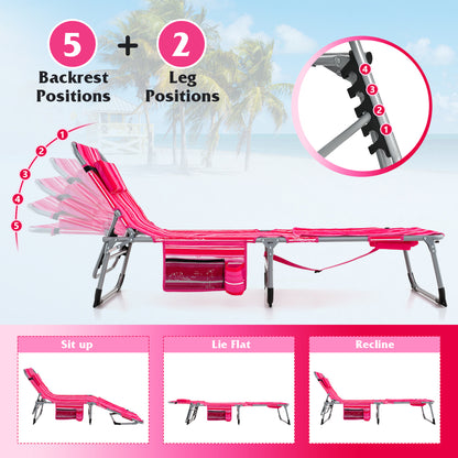 5-Position Outdoor Folding Chaise Lounge Chair, Rose Red