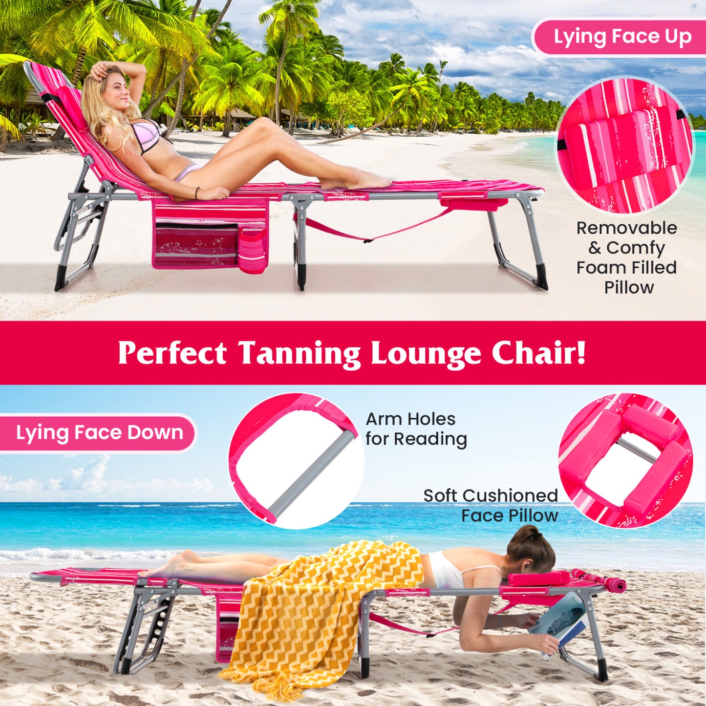 5-Position Outdoor Folding Chaise Lounge Chair, Rose Red