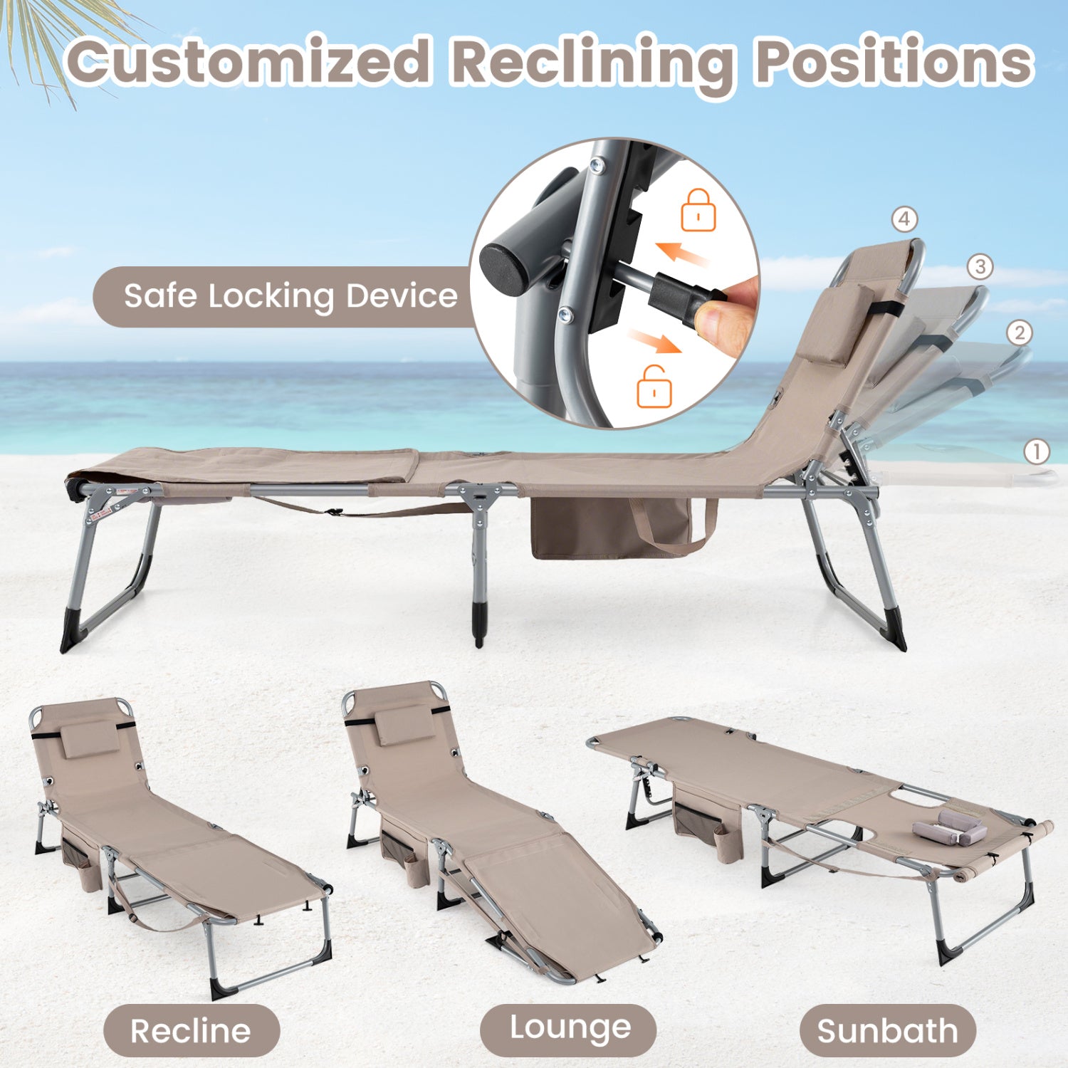 5-Position Outdoor Folding Chaise Lounge Chair, Beige Outdoor Seating & Patio Chairs at Gallery Canada