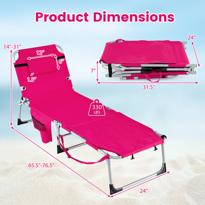 5-Position Outdoor Folding Chaise Lounge Chair, Pink
