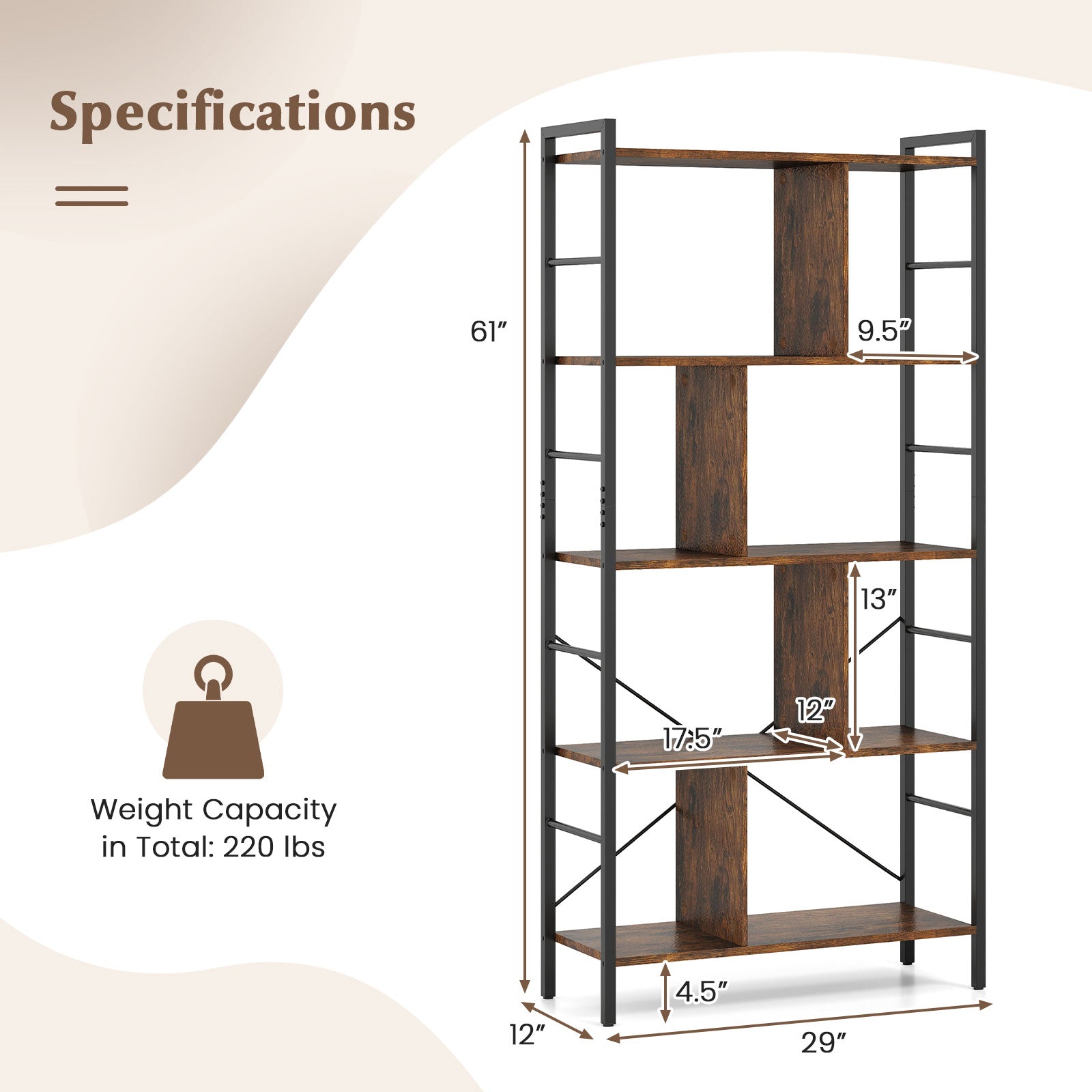 5-tier Bookcase 61 Inch Tall Industrial Bookshelf with Metal Frame Bookcases at Gallery Canada