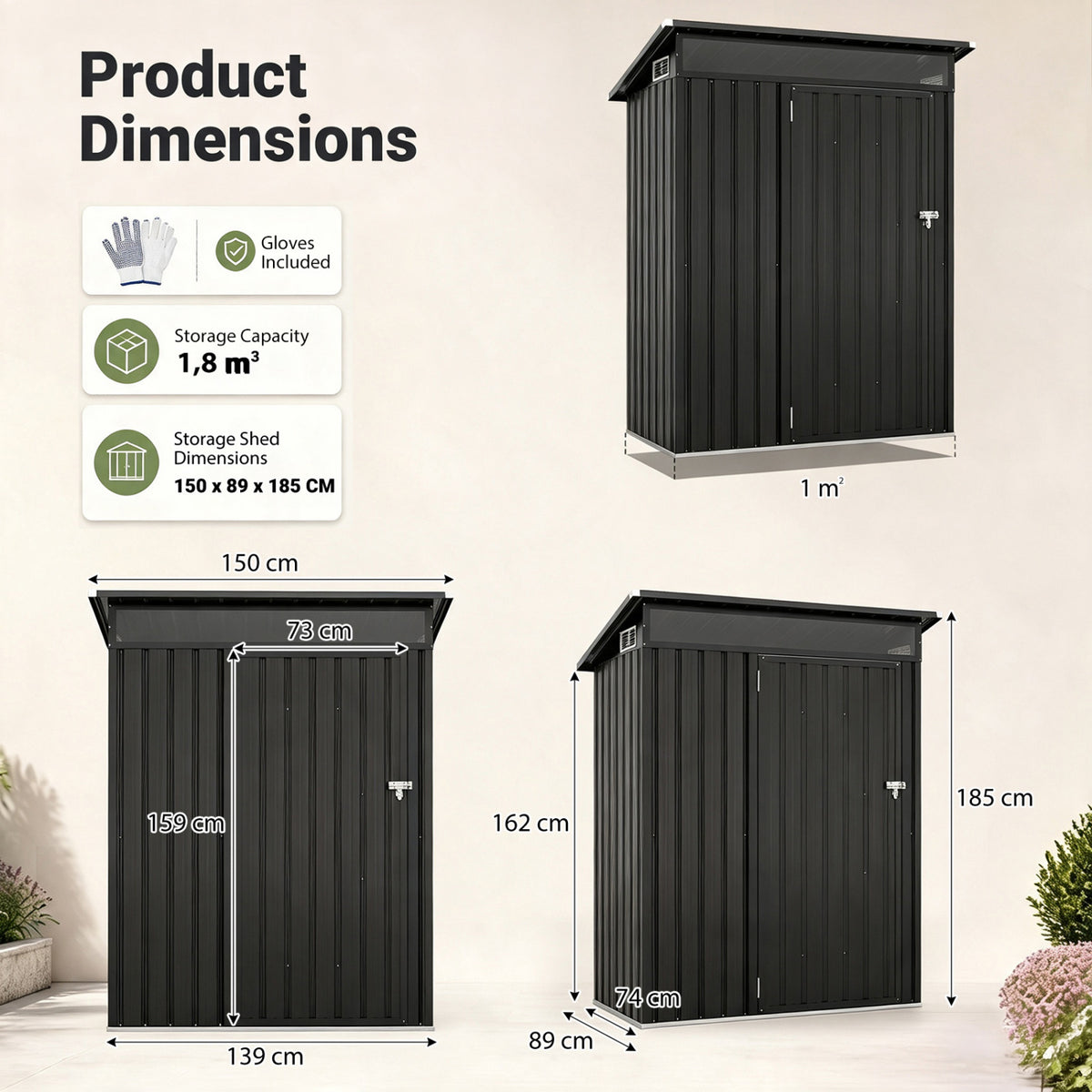 5 x 3 FT Outdoor Storage Shed, Lockable Door, Gray