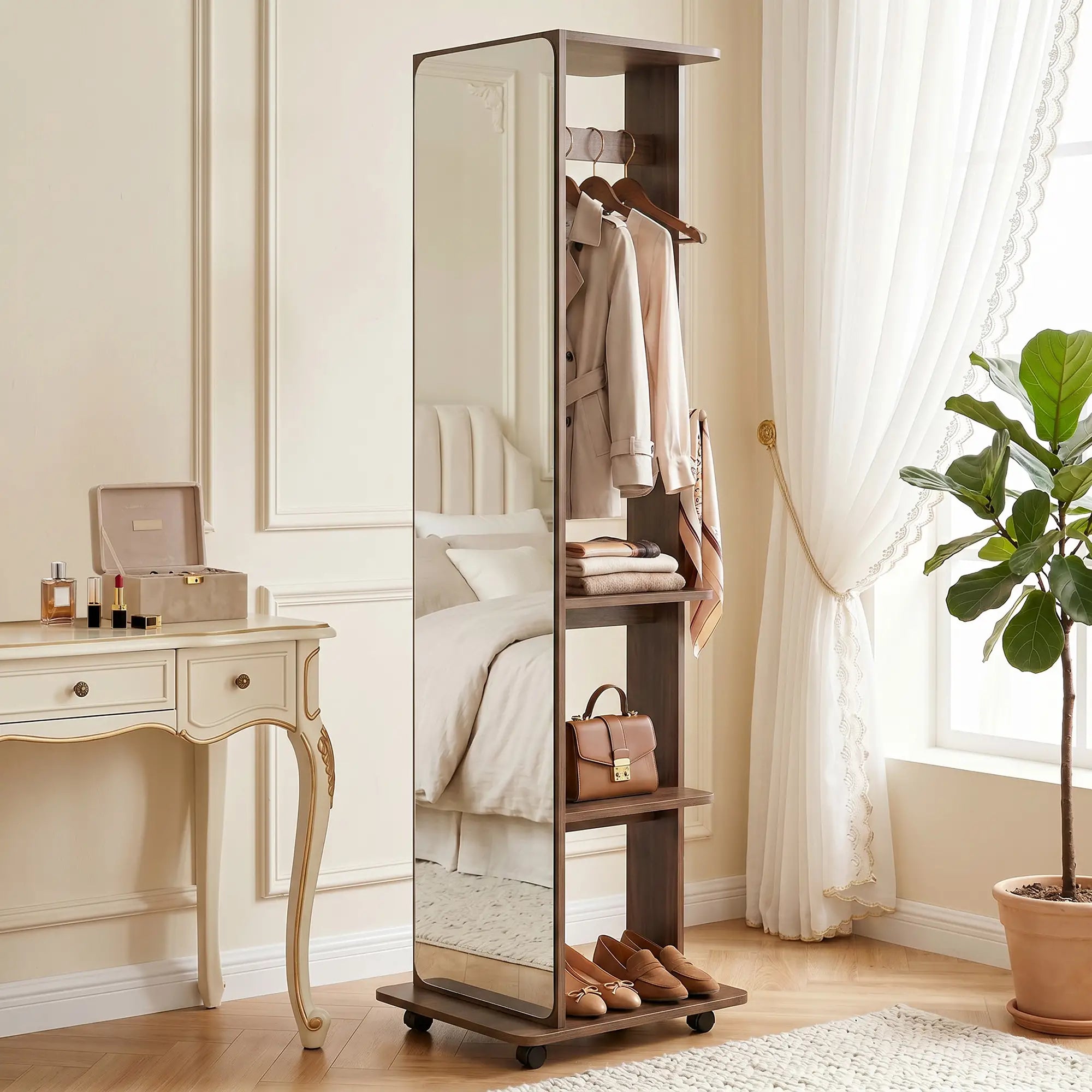 Full Length Floor Mirror With Storage Shelves, Wood Grain, Brown Full Length Mirrors at Gallery Canada