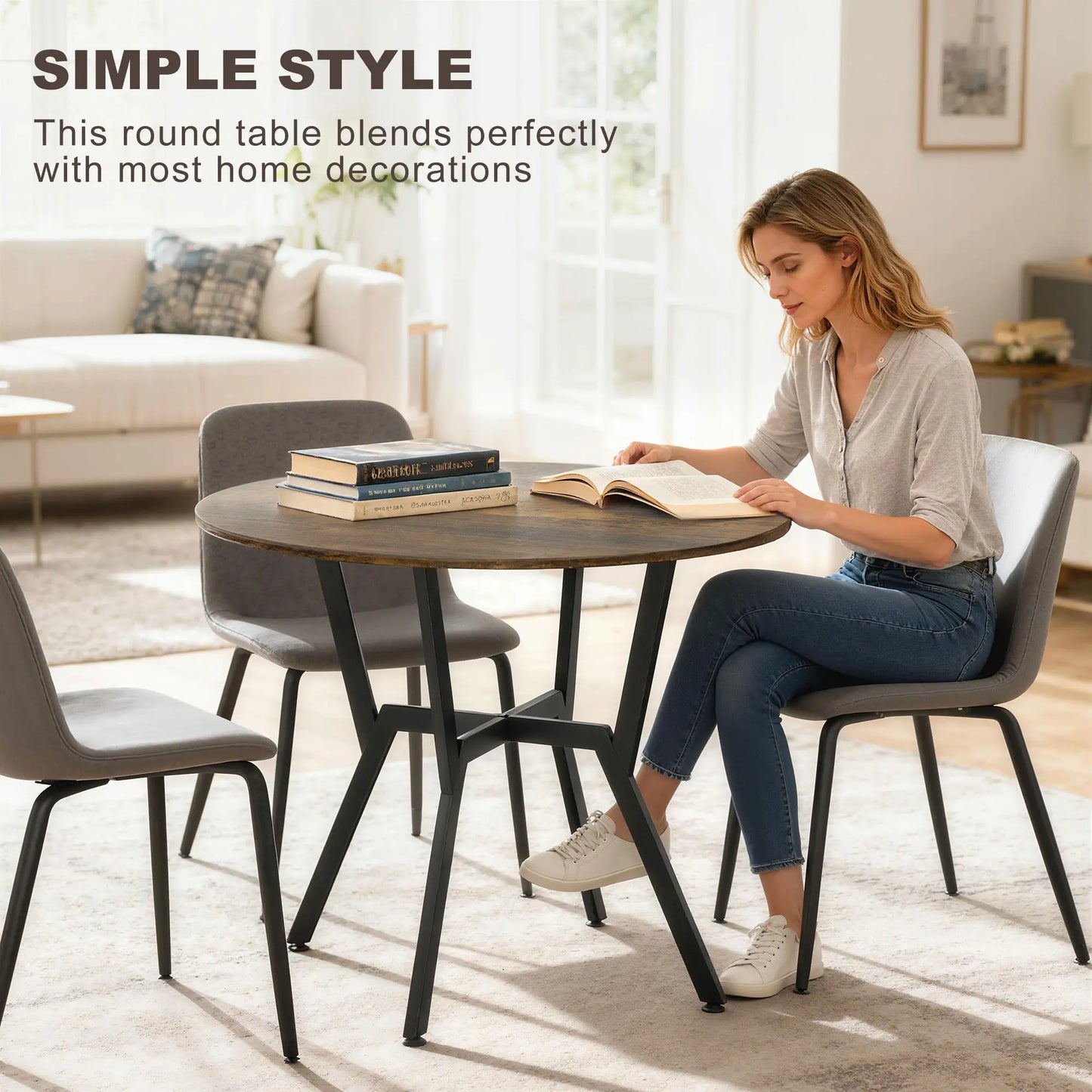 35 Inch Round Dining Table, Steel Frame, Rustic Brown Dining Tables at Gallery Canada