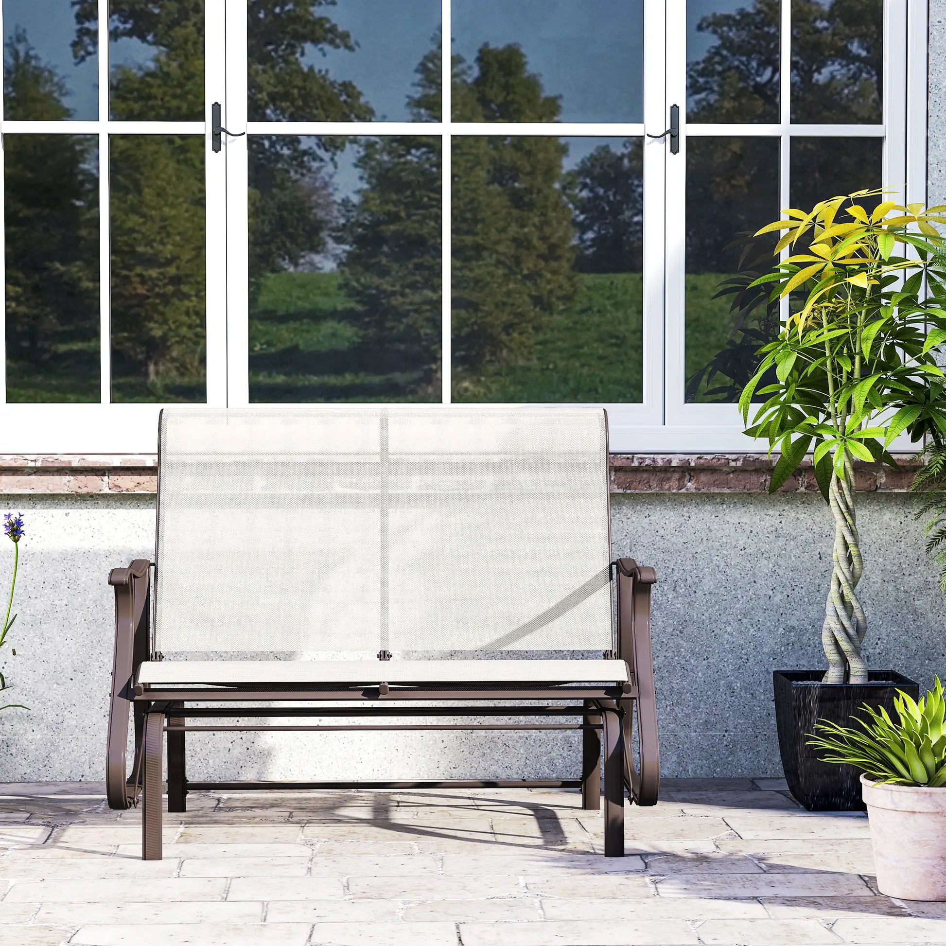 Double Gliding Chair, Patio Glider, Outdoor Mesh Seat, Steel Frame, Cream White Outdoor Gliders at Gallery Canada