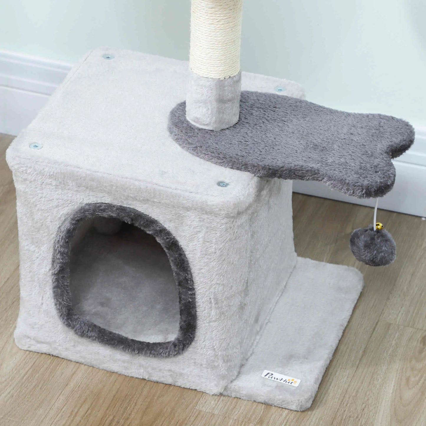 28" Cat Tree Tower with Plush Bed, Condo, Sisal Post, Perch, Ball, Light Grey Cat Posts at Gallery Canada