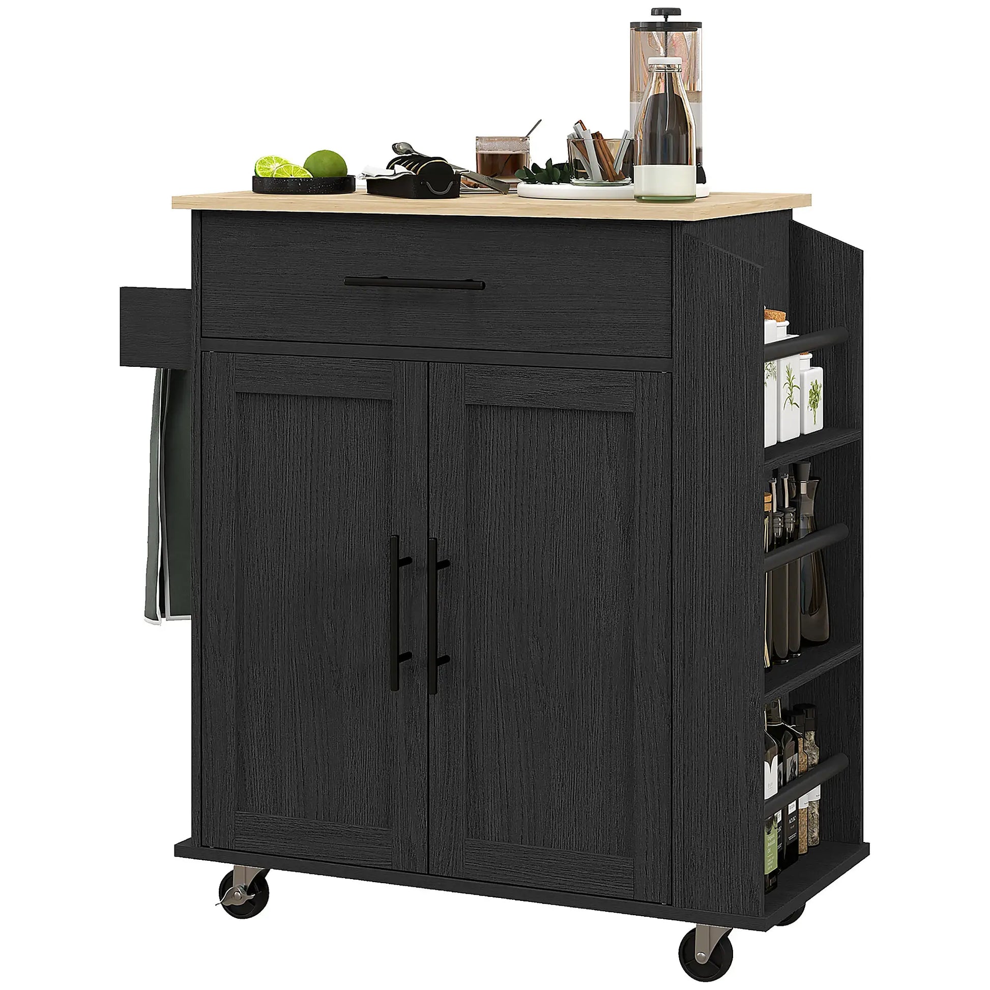Rolling Island with Wheels for Kitchen, Kitchen Island on Rollers with Power Outlets, Drawer and Doors Kitchen Islands & Kitchen Carts Black, Oak at Gallery Canada