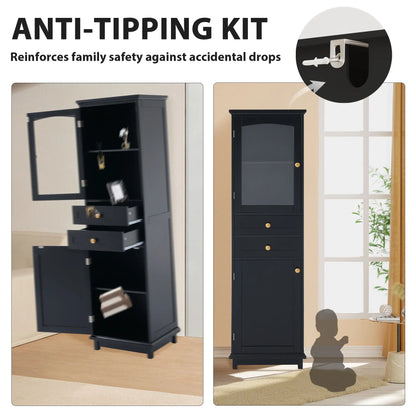 Bathroom Storage Cabinet, Glass Doors, Adjustable Shelves, 18" L x 14" W x 63" H, Black Bathroom Cabinets at Gallery Canada