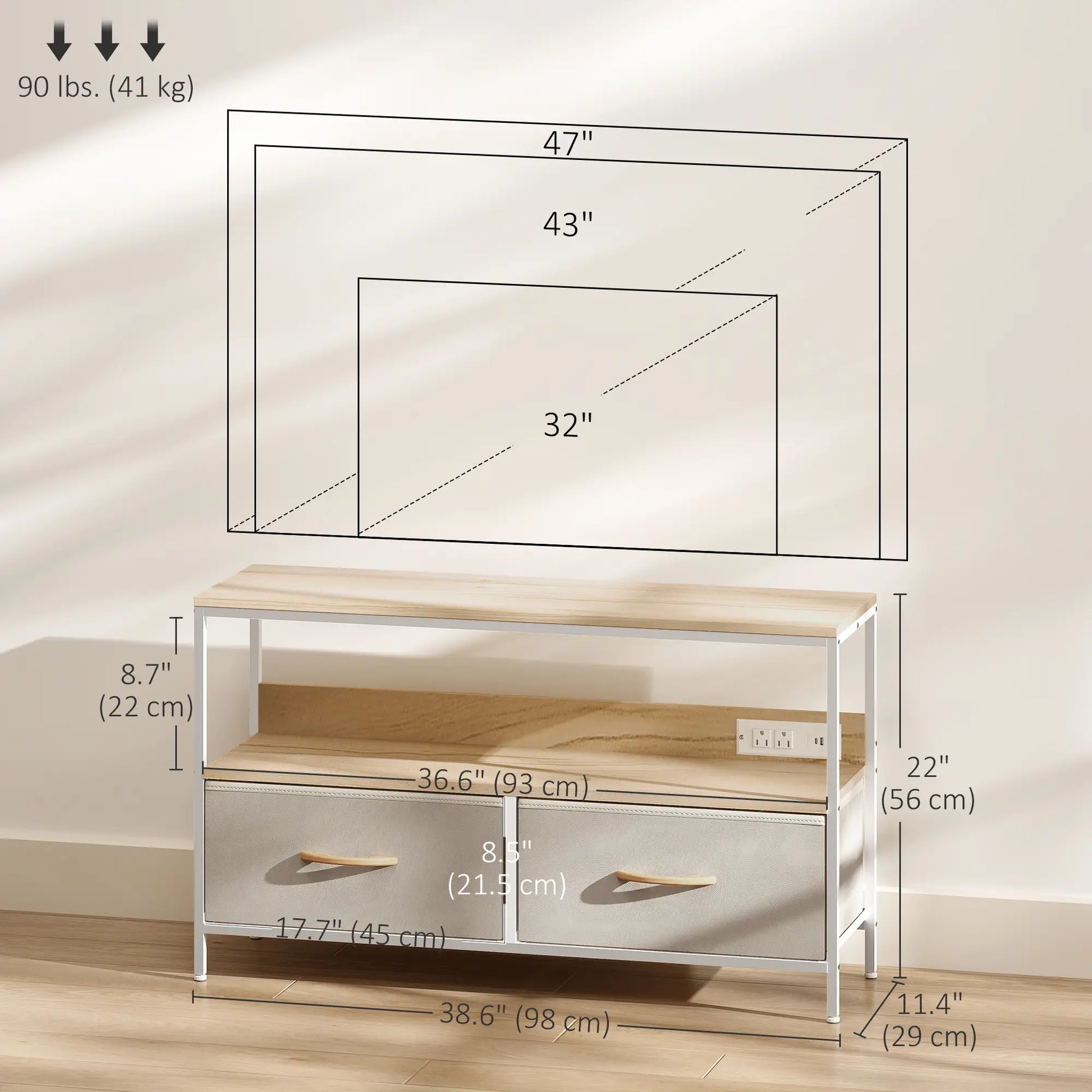 TV Stand With Charging Station, 2 Foldable Drawers, Open Shelf, 47 Inch, Oak TV Stands at Gallery Canada