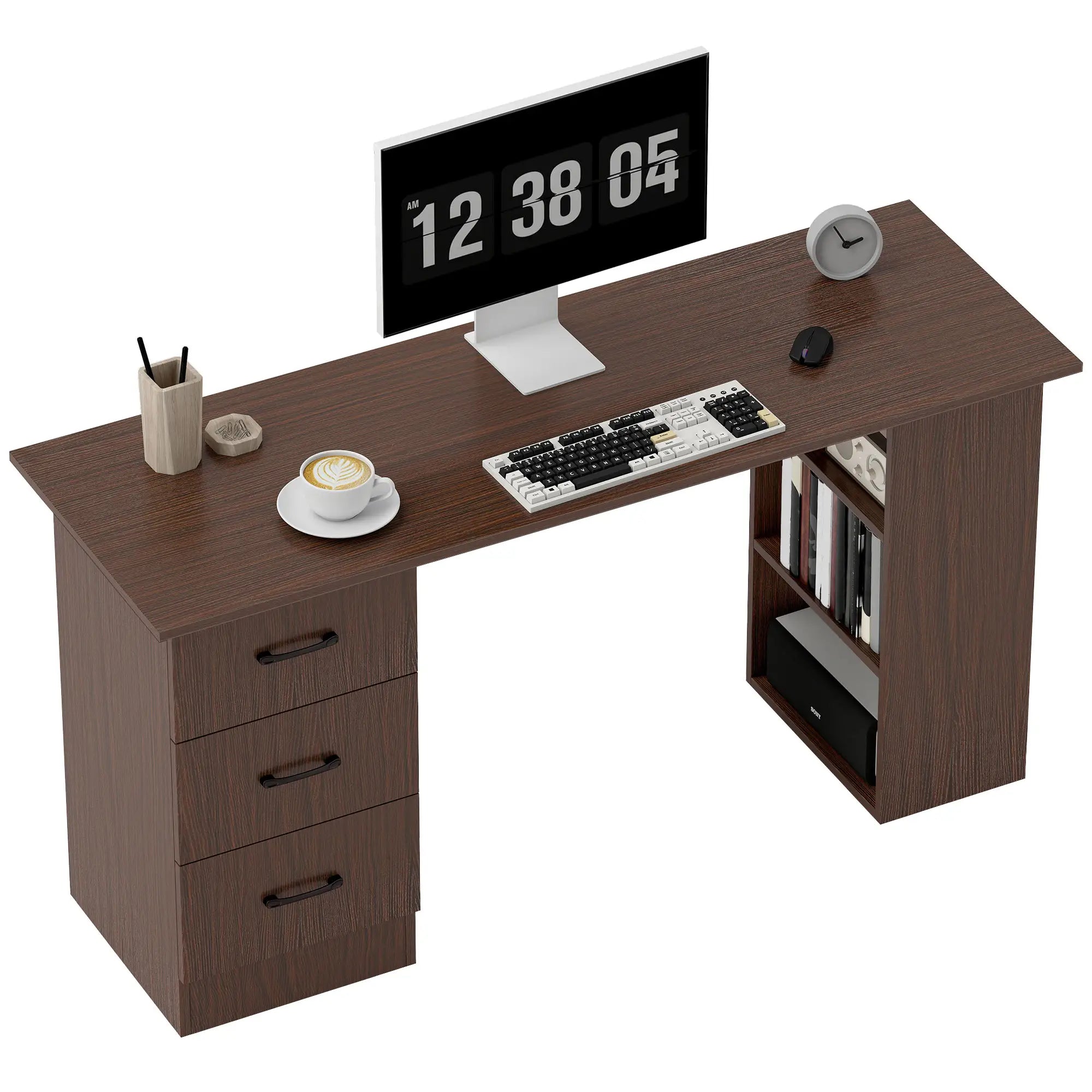 55 Inch Computer Desk, 3-Tier Shelves, 3 Reversible Drawers, Walnut Computer Desks at Gallery Canada