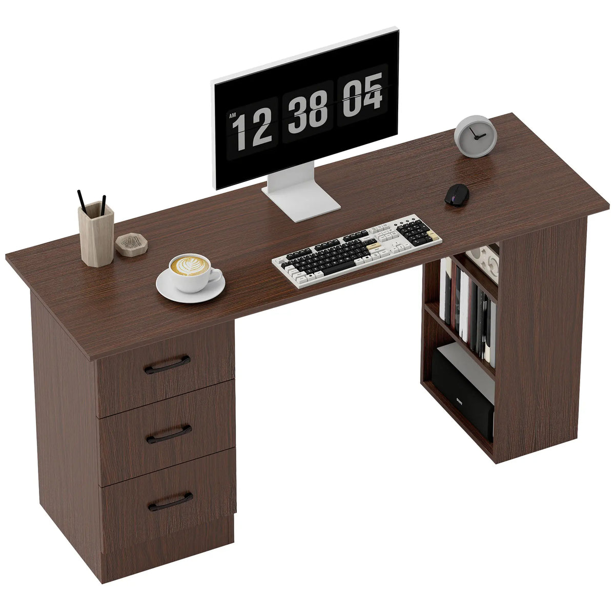 55 Inch Computer Desk, 3-Tier Shelves, 3 Reversible Drawers, Walnut Computer Desks at Gallery Canada