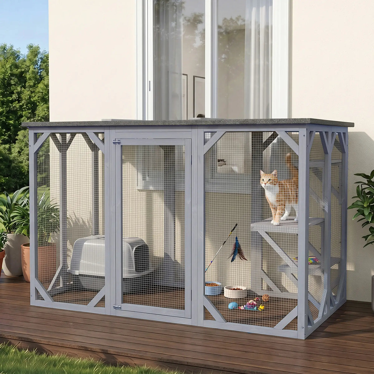 44.1" H Cat Cage, Indoor Outdoor Wooden Pet House, Small Animal Hutch, Grey Outdoor Cat Enclosures at Gallery Canada