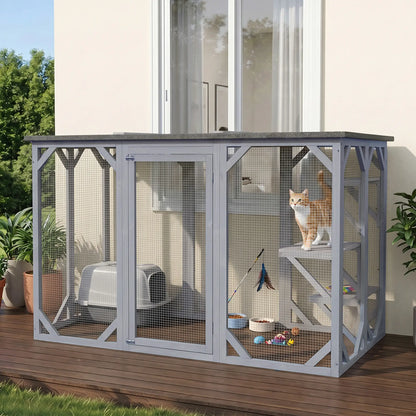 44.1" H Cat Cage, Indoor Outdoor Wooden Pet House, Small Animal Hutch, Grey Outdoor Cat Enclosures at Gallery Canada