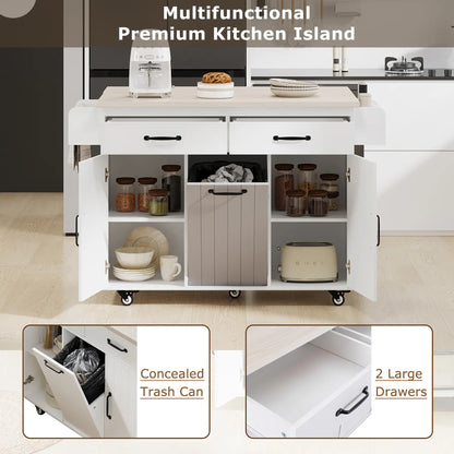 Kitchen Island with Tilt-Out Trash Cabinet, Adjustable Shelf, 51" L x 20" W x 35" H, White Kitchen Islands & Kitchen Carts at Gallery Canada